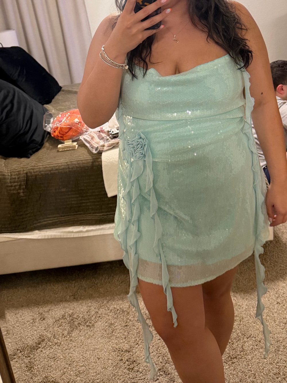 Mint Sequin Mini Dress with Draped Rosette